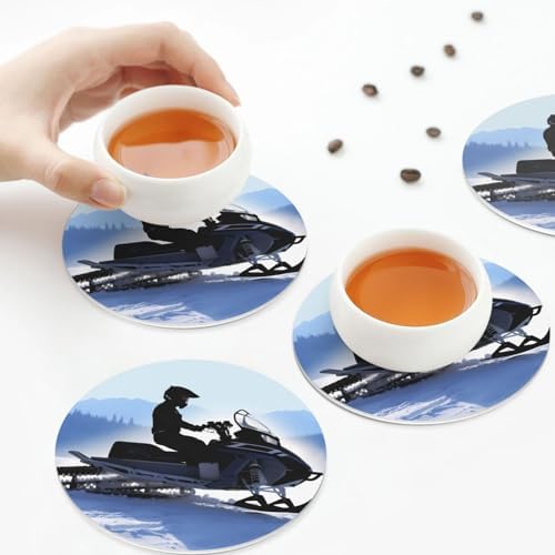 6Pcs Snowmobile Print Leather Coasters with Holder
