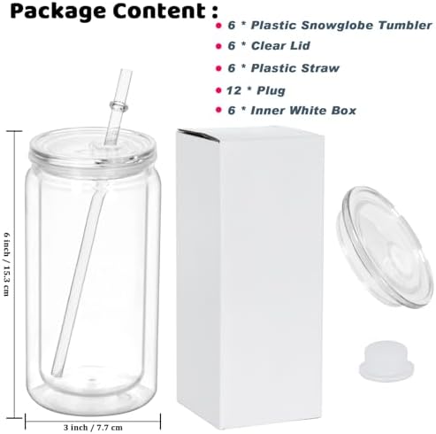 16 Oz Snowglobe Tumbler 6 Pack Pre-Drilled Double Wall Clear Cup