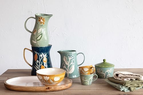 Creative Co-Op Hand-Painted Stoneware Pitcher Blue