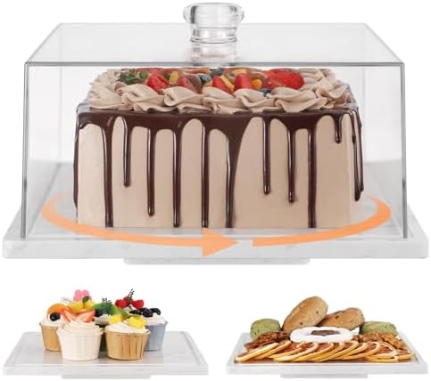 CherHome Square Cake Stand with Rotatable Marble Plate and Lid