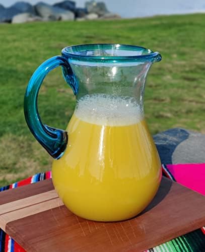 Mexican Hand Blown Glass Pitcher With Aqua Rim 84 Oz