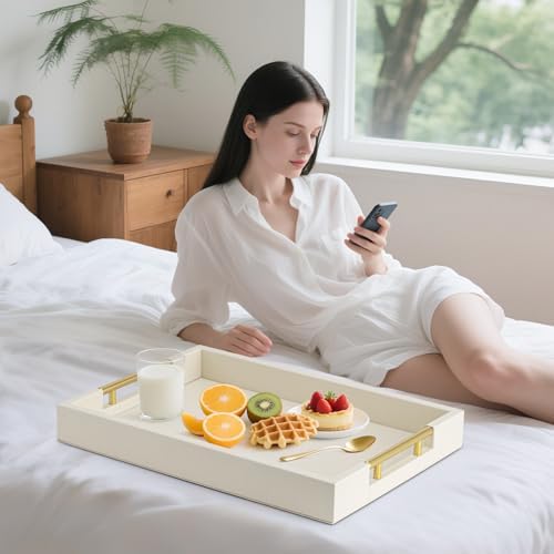Beige Faux Leather Serving Tray with Handles