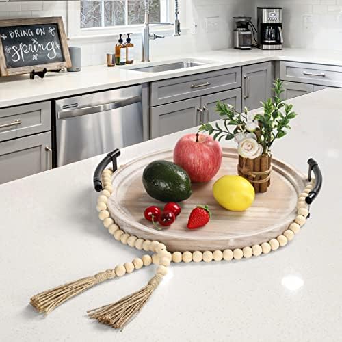 Round Wood Tray with Bead Garland - 13 Home Decor