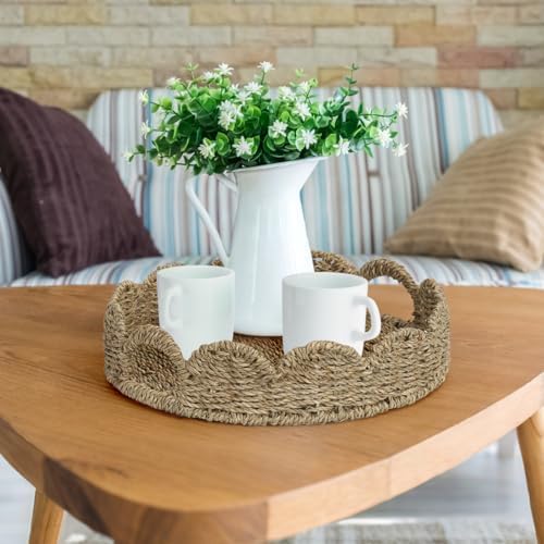 Natural Seagrass Scalloped Round Tray with Handles
