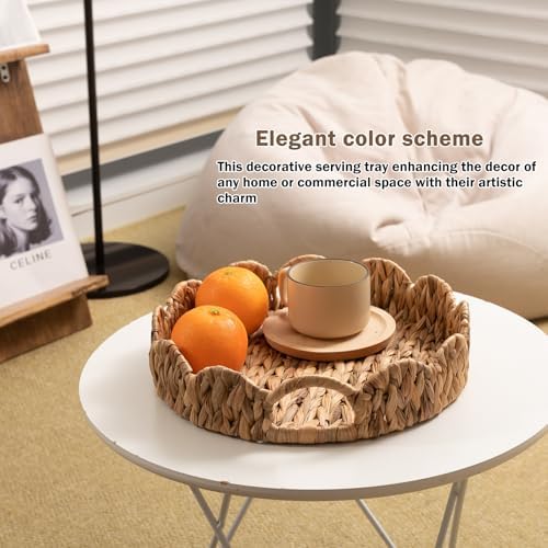 ATEDIR 2-Pack Round Wicker Serving Tray with Handles