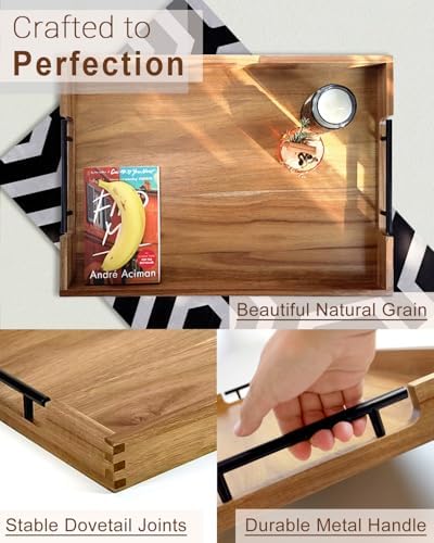 22 Inches Acacia Wood Serving Tray with Metal Handles