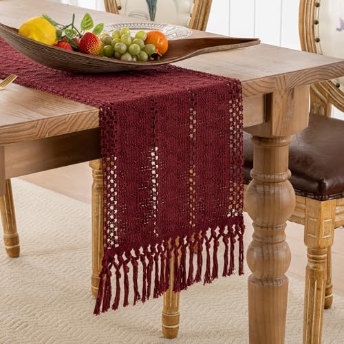 Burgundy Boho Table Runner with Tassels 12x71 Inch