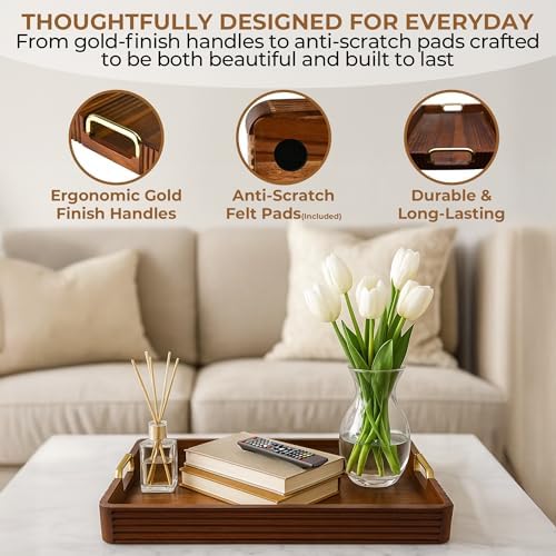 Acacia Wood Serving Tray with Metal Handles 17x12in