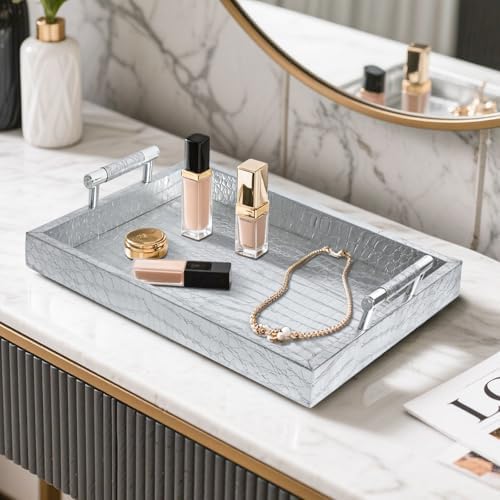 Faux Leather Serving Tray with Handles - 16x12 Inches Silver