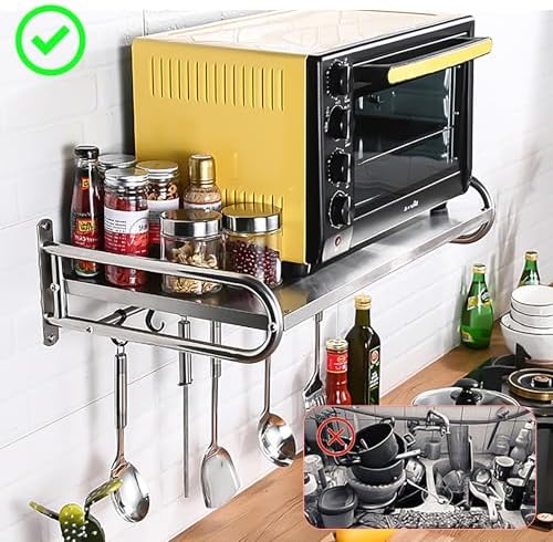 Stainless Steel Microwave Wall Mount Shelf with 6 Hooks