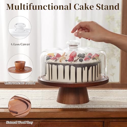 VIVIRBIEN Wooden Cake Stand with Glass Lid and Magnetic Base