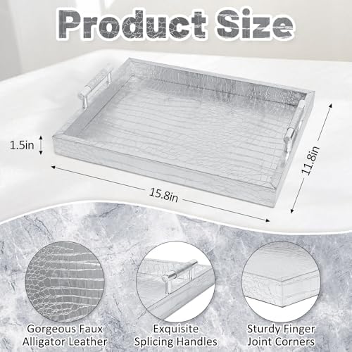 Faux Leather Serving Tray with Handles - 16x12 Inches Silver