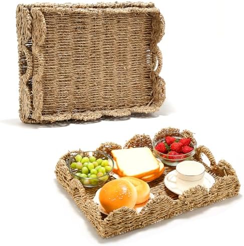 2 Pack Wicker Scalloped Serving Trays with Handles