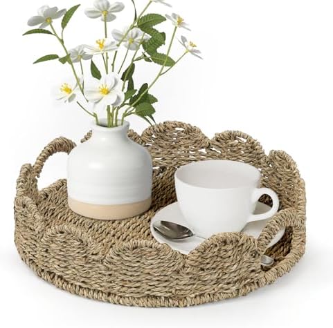Natural Seagrass Scalloped Round Tray with Handles