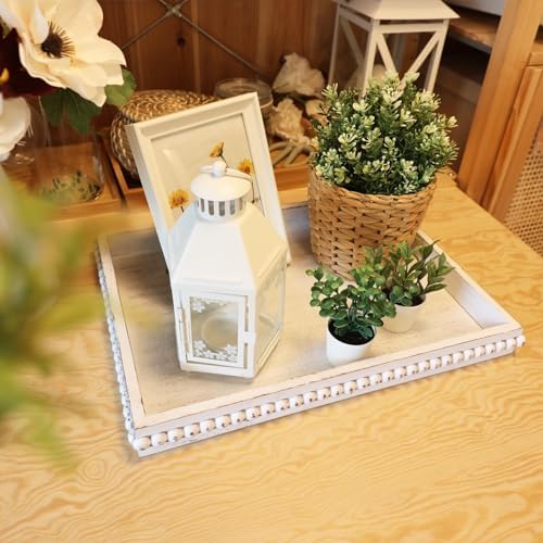 Wooden Coffee Table Serving Tray Farmhouse Style Rectangular Tray with Bead