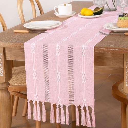 Rustic Macrame Woven Coffee Table Runner Pink