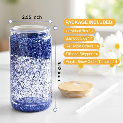 4 Pack Acrylic Snow Globe Tumblers with Bamboo Lids and Straws 1