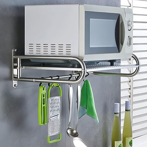 Stainless Steel Microwave Wall Mount Shelf with 6 Hooks