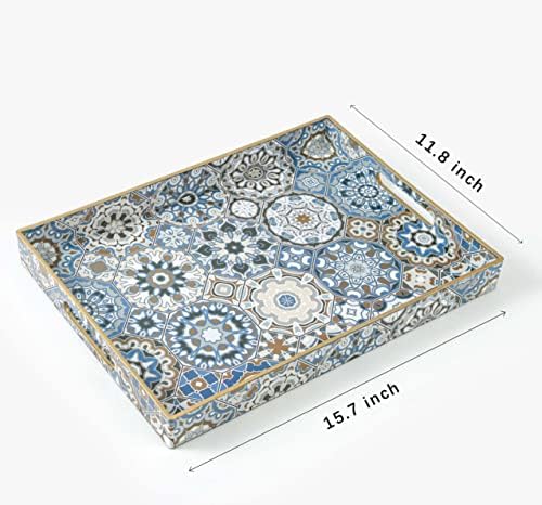 Boho Serving Tray with Handles for Living Room Decor