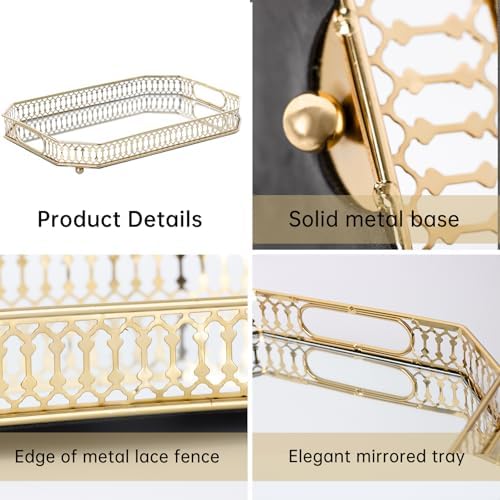 Bar Cart Tray with Gold Handles and Mirrored Surface