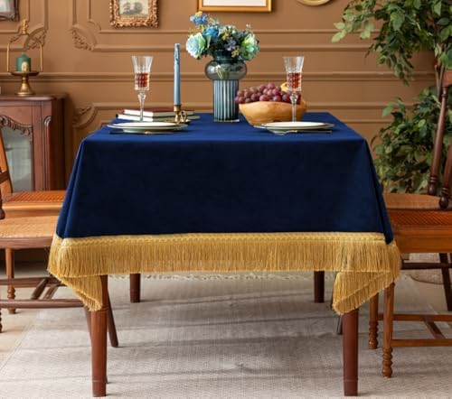 F-CHU Luxury Velvet Tablecloth with Gold Tassels 60x70-Inch