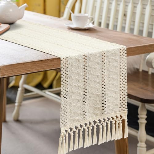 OTOSTAR Ivory Macrame Table Runner 60 Inches Long