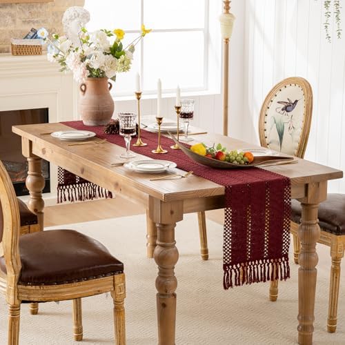 Burgundy Boho Table Runner with Tassels 12x71 Inch