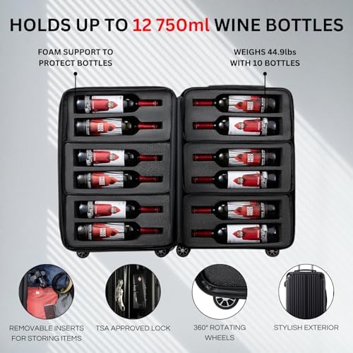 The Wine Savant 12 Bottle Wine Suitcase with 6 Expandable Travel Bags