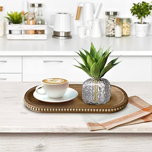 Wooden Farmhouse Serving Tray 12 Inch Natural Beaded