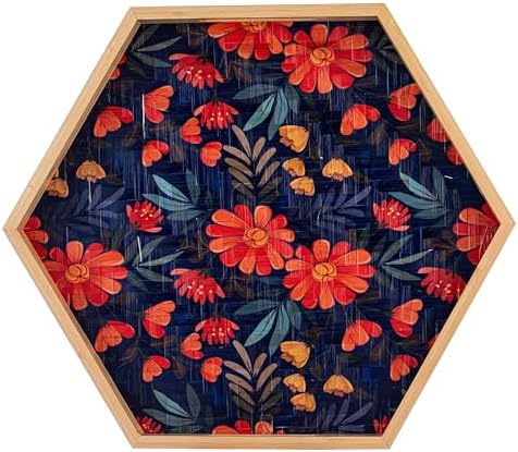 PEMAR 157 Inch Hexagonal Bamboo Serving Tray with Flowers
