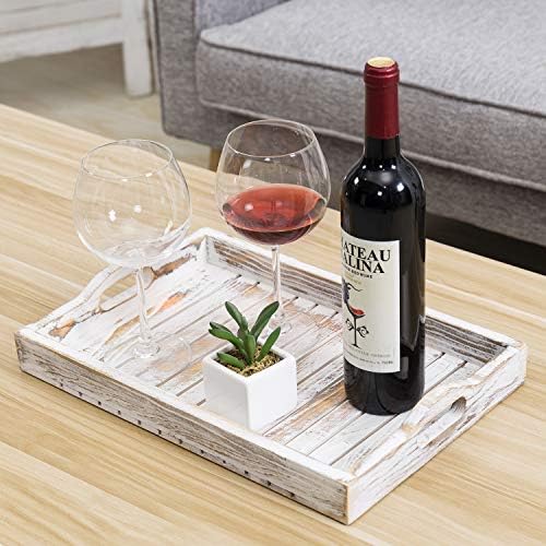 MyGift Shabby Chic Whitewashed Wood Serving Tray 16x11in