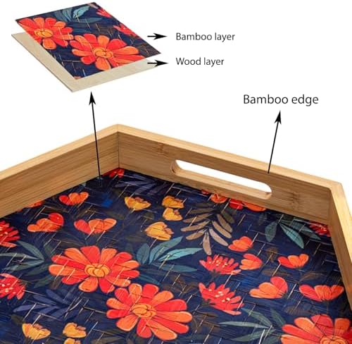 PEMAR 157 Inch Hexagonal Bamboo Serving Tray with Flowers