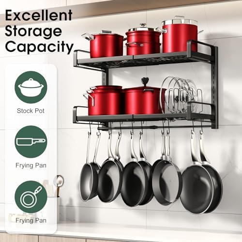 Expandable 2-Tier Pot Rack with 10 Hooks and 5 Lid Holders