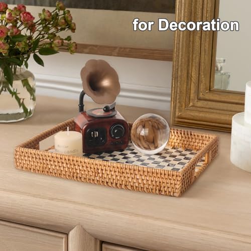 Rectangle Rattan Tray with Mother of Pearl Inlay 13x9 Black Checkerboard Pattern
