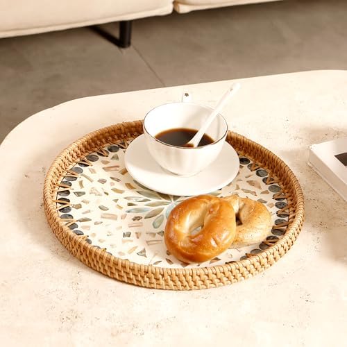 Round Rattan Tray with Mother of Pearl Inlay and Wooden Base