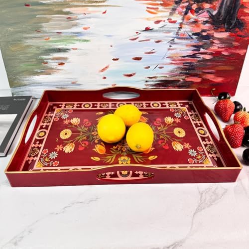 Boho Red Serving Tray with 4 Handles 15x11x19
