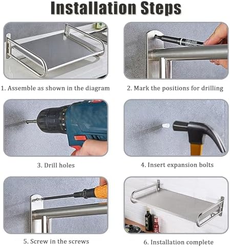 Stainless Steel Microwave Wall Mount Shelf with 6 Hooks