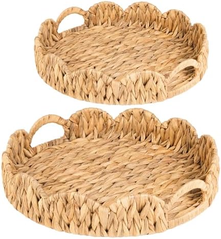 ATEDIR 2-Pack Round Wicker Serving Tray with Handles