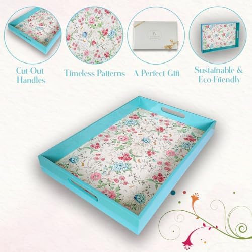 Pink Blue Floral Wooden Serving Tray with Handle