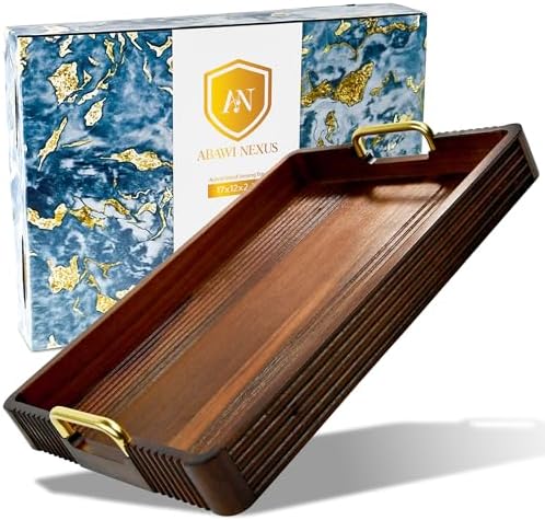 Acacia Wood Serving Tray with Metal Handles 17x12in