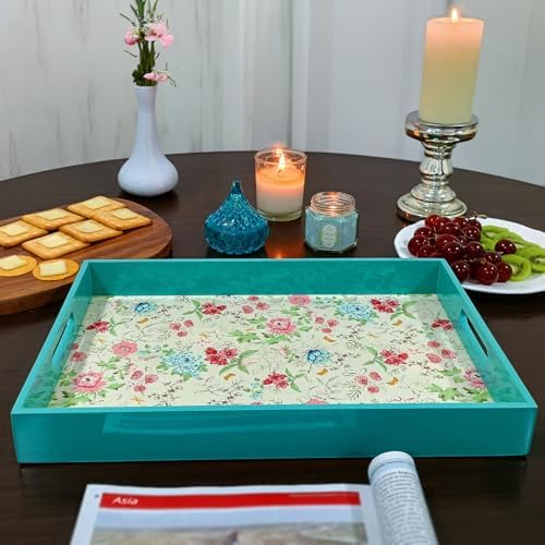 Pink Blue Floral Wooden Serving Tray with Handle