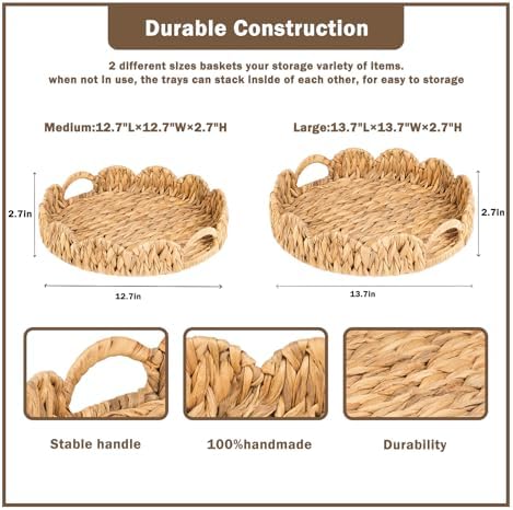 ATEDIR 2-Pack Round Wicker Serving Tray with Handles