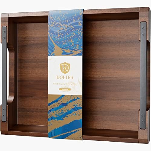 Dofira Acacia Wood Serving Tray with Metal Handles 17x13in