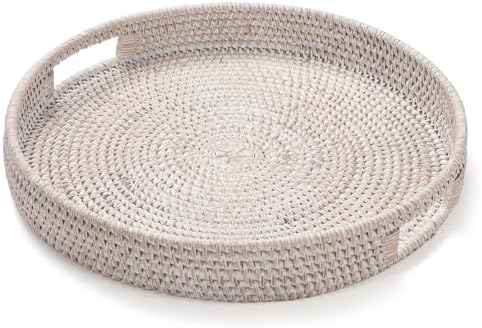 138 Inch Round Rattan Serving Tray with Handles