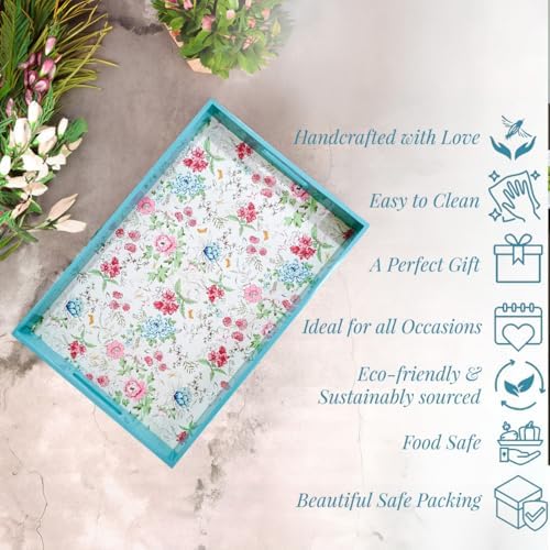 Pink Blue Floral Wooden Serving Tray with Handle