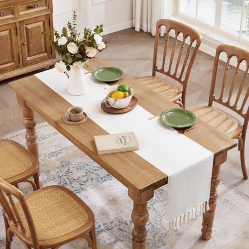 Linen Style Rustic Table Runner 72 Inches Off White with Hand Tassels