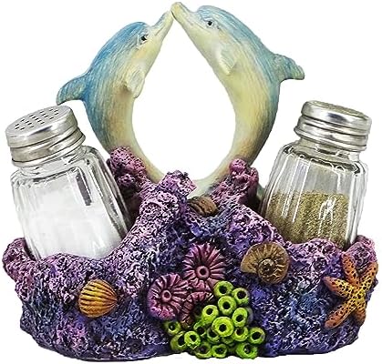 Dolphin Salt Pepper Shakers Set - Ceramic With Wire Holder