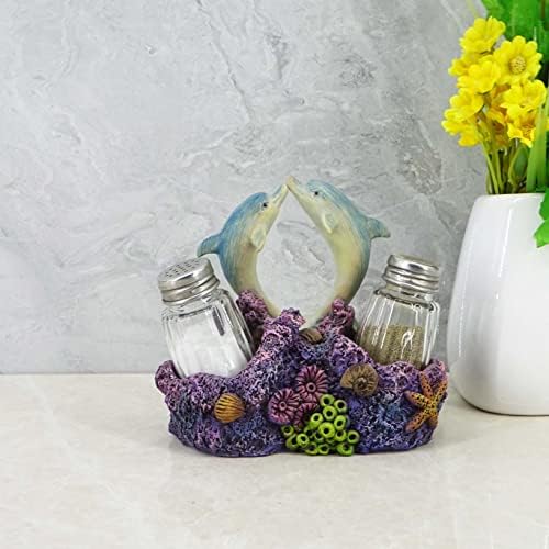 Dolphin Salt Pepper Shakers Set - Ceramic With Wire Holder