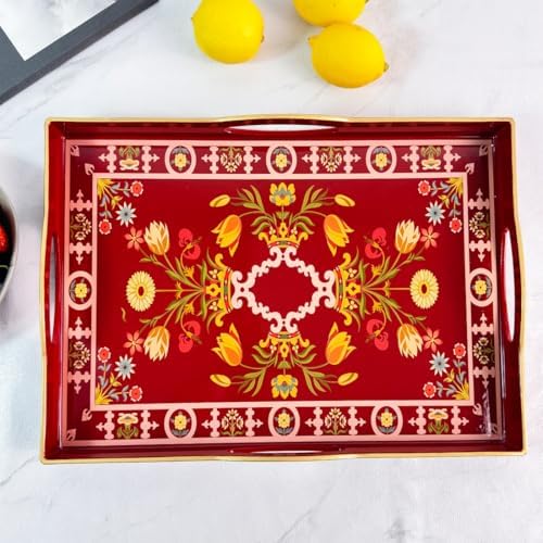 Boho Red Serving Tray with 4 Handles 15x11x19