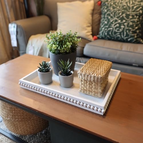 Wooden Coffee Table Serving Tray Farmhouse Style Rectangular Tray with Bead